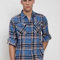 Showoff Blue Cotton Regular Fit Checkered Shacket-image-68
