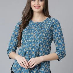 QOMN Teal Blue Cotton Floral Print Top-picture-14