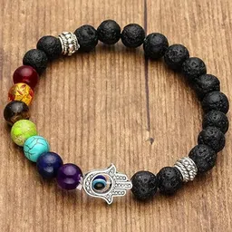 DN Creation Unisex Silver-Plated Evil Eye Chakra Hamsa Lava Stone Elasticated Bracelet-picture-6