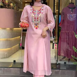 DMUNESH FASHION Women Ethnic Motifs Embroidered Round Neck Kurta with Trousers & Dupatta-picture-13