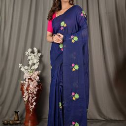 PuJoy Floral Embroidered Pure Cotton Taant Saree-image-78