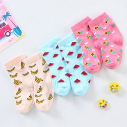 Cute Walk by Babyhug Non Terry Cotton Knit Ankle Length Anti Bacterial Socks Fruits Design Pack of 3 - Pink & Blue-image-101