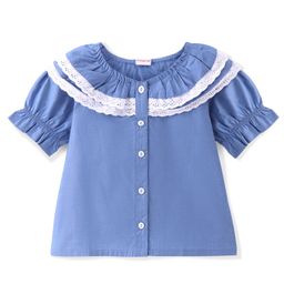Babyhug 100% Cotton Woven Half Sleeves Top With Frill & Lace Detailing - Blue-picture-11