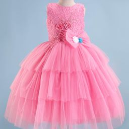 Bluebell Woven Lace Sleeveless Layered Party Frock With Bow & Floral Applique - Pink-image-32