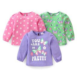 Babyhug Cotton Knit Full Sleeves Tops with Polka Dots  & Butterfly Graphics Pack of 3 - Pink Green & Purple-picture-10