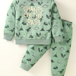 Smarty Boys Premium Stretch Fleece Knit Full Sleeves Winter Wear Co-Ord Night Suit With Dino Print - Mint Green-image-48
