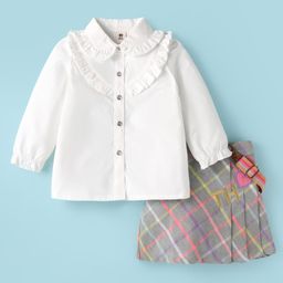 ToffyHouse Poplin Woven Full Sleeves Top & Skirt Set With Text Patch & Suspender - White-image-17
