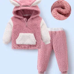 Kookie Kids Full Sleeves Hooded Front Zipper Winter Wear Suit With Kangaroo Pocket & Bunny Ear Applique - Pink-picture-24