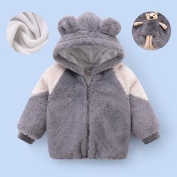 Kookie Kids Full Raglan Sleeves Hooded Winter Fur Jacket with Ears & Teddy Bear Applique - Grey-image-38