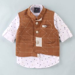 Dapper Dudes Full Sleeves Abstract Printed Waistcoat With Shirt - Brown-image-56