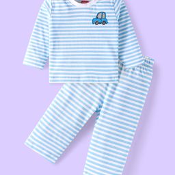Babyhug Single Jersey Knit Full Sleeves Striped T-Shirt & Lounge Pant Set With Car Print - Light Blue & White-image-100
