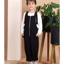BaawRi French Terry Zipper Dungaree With Full Sleeves Solid Top Set - Black & White-image-87