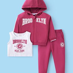 Babyhug Terry Knit Full Sleeves Text Print HoodedSweat Jacket & Taped Lounge Pant with Inner T-Shirt -Maroon & White-image-1