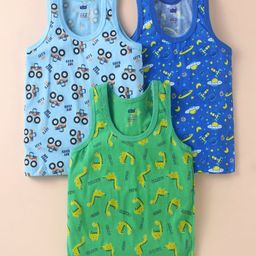 Simply Sinker Knit Sleeveless Vests with Vehicle Dino & Space Theme Print Pack of 3 - Blue & Green-picture-1