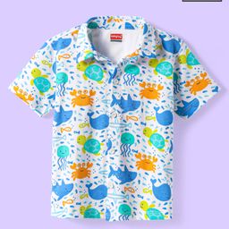 Babyhug Cotton Knit Half Sleeves Shirt with Aquatic Animal Print - White-image-37