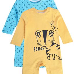 MINI KLUB Cotton Pack Of 2 Full Sleeves Animal & Airplanes Printed Rompers - Blue & Yellow-image-48