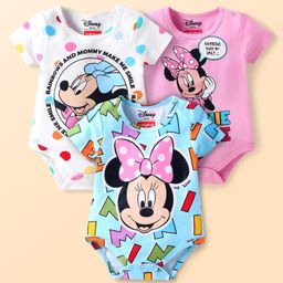 Babyhug Disney Interlock Knit Half Sleeves Onesies with Minnie Mouse Graphics Pack of 3 - Pink Light Blue & White-image-54