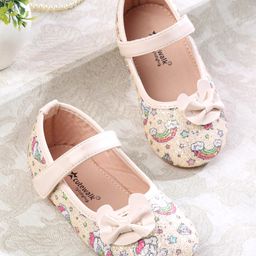Cute Walk by Babyhug Velcro Closure Ballerinas with Glitter Unicorn Print & Bow Applique - Beige-image-22