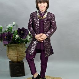 Ahhaaaa Brocade Sequins Embellished Ethnic Designed Sherwani Pant Set - Wine-image-69