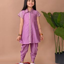 Kinder Kids Jacquard Half Sleeves Floral Foil Printed Shirt Style Kurta & Dhoti Set - Purple-image-94