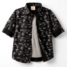 Rikidoos Cotton Full Sleeves Nautical Theme Printed Shirt With Attached Tee - Black & Melange-image-34