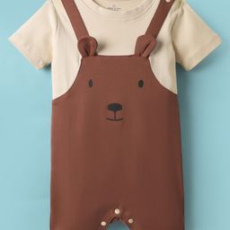 Mark & Mia Cotton Knit Half Sleeves Romper with Bear Print & Ears Applique - Brown & Beige-image-75