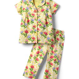 Babyhug Cotton Knit Half Sleeves Co-ords Night Suit with Floral Print - Yellow-image-50