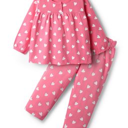 Babyhug Cotton Knit Full Sleeves Co-ords Night Suit with Hearts Print - Dark Pink-image-14