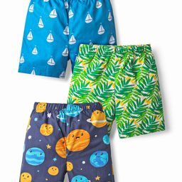 Babyhug Cotton Woven Above Knee Length Boxer With Tropical Nautical & Solar System Print Pack Of 3 - Blue Green & Navy Blue-image-3
