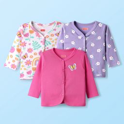 Babyhug 100% Cotton Interlock Knit Full Sleeves Antibacterial Front Open Jhablas with Floral Print Pack of 3 - White Pink & Lilac-picture-8