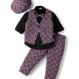 Dapper Dudes Full Sleeves Chevron Designed 3 Piece Party Suit Set With Bow & Cap - Pink-image-79
