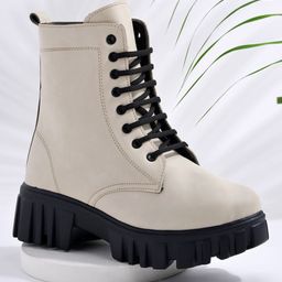 Shoetopia Solid Lace Up Boots - Cream-image-97