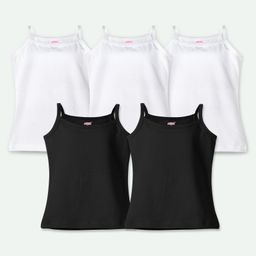 Ariel Cotton Lycra Knit Pack Of 5 Sleeveless Solid Camisoles - White & Black-image-74