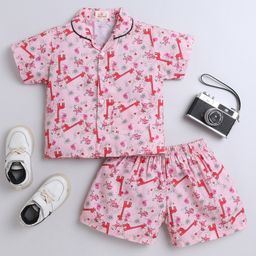 The Magic Wand Cotton Woven Half Sleeves Animals Printed Coordinating Shirt & Shorts Night Set - Peach-image-22