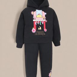 Cherry Crumble By Nitt Hyman Knit Full Sleeves Happy Holidays Text Designed Hooded Heavy Winter Sweatshirt & Joggers Set - Black-picture-4