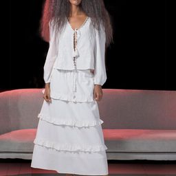 Virgio Lessie White Ruffle Midi Skirt-image-62
