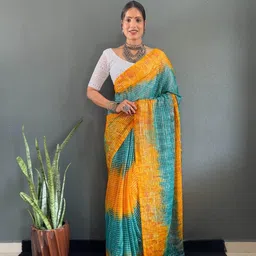AQUILIQ Orange Ombre printed saree with solid border And Chikan Kari blouse Piece-image-91