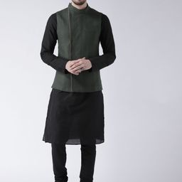 KISAH Men Black & Green Solid Banarasi Kurta with Churidar & Nehru Jacket-22