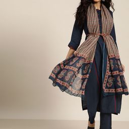 Sangria Women Navy Blue & Beige Cotton Solid Panelled Kurta with Trousers & Dupatta-picture-25
