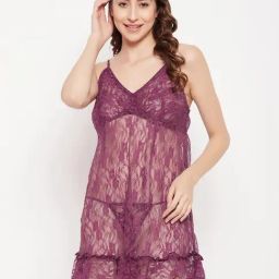 Clovia Purple Plain Babydoll With Thong-picture-15