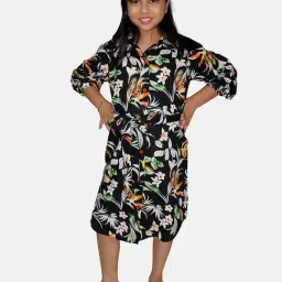 Kiddopanti Kids Black Floral Print Full Sleeves Shirt Dress-image-98