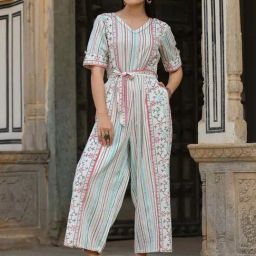 Juniper Ivory Geometric Printed Cotton Flex Jumpsuit With Beads & Thread Work-picture-5