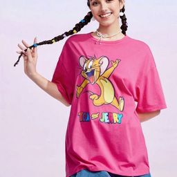 TOM AND JERRY by Dreambe Women Tom & Jerry Graphic Printed Round Neck Oversized T-shirt-image-32