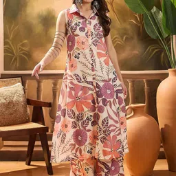 Sangria Floral Printed Shirt Collar A-Line Kurta & Palazzos-image-85