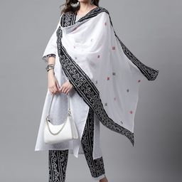 DIVASTRI Floral Embroidered Thread Work Round Neck Pure Cotton Kurta With Salwar & Dupatta-picture-12