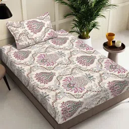 KLOTTHE Beige & Green Floral Printed 300 TC Fitted Single Bedsheet Set 2.25 m X 1.50 m-picture-17