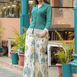 AUTUMN LANE Printed Cotton Notched Lapel Collar Top With Trousers Co-Ords Set-image-1