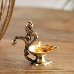 ExclusiveLane Golden Brass Handcarved Peacock 1 Wick Diya-picture-26