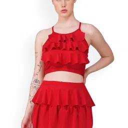 TOMKOT Shoulder Strap Neck Padded Ruffle Detail Two-Piece Swimming Dress-image-96