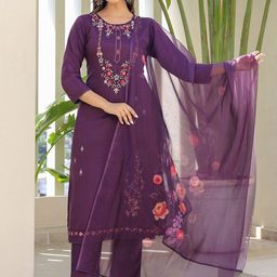 Anouk Floral Embroidered Regular Pure Silk Straight Kurta with Trousers & Dupatta-image-21